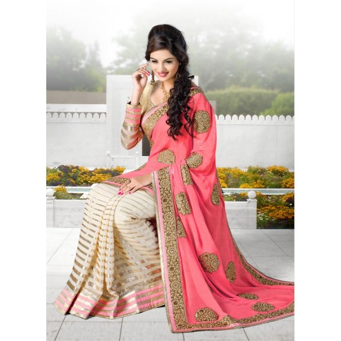 Peach and Cream Georgette Saree With Blouse
