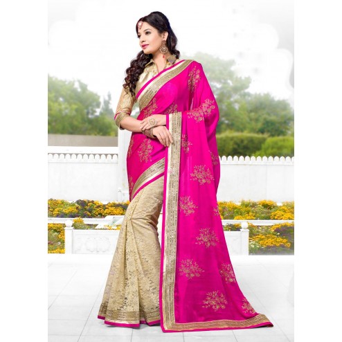 Pink and Cream Net Designer Saree With Blouse