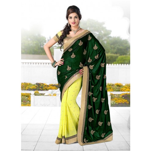 Green and Lemon Velvet and Georgette Saree