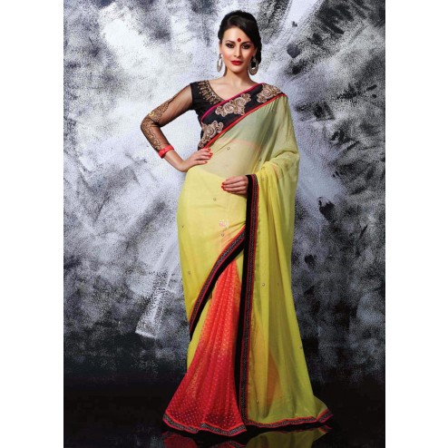 Yelloe and Peach Faux Georgette Saree With Blouse