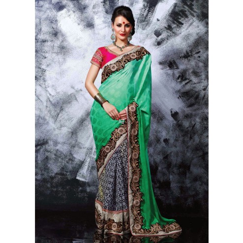 Black and Green Chiffon Saree With Blouse