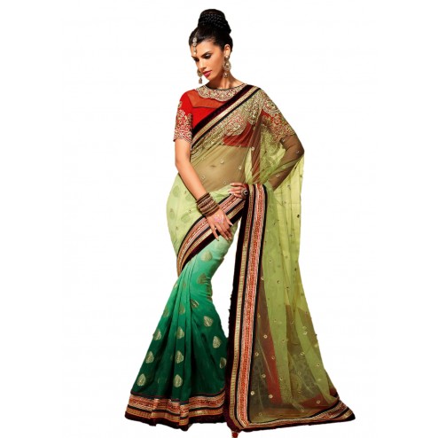 Green Net and Georgette Saree With Blouse - Get 50% Discount