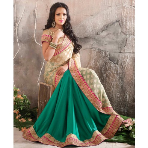 Green and Cream Chiffon Indian Saree With Blouse