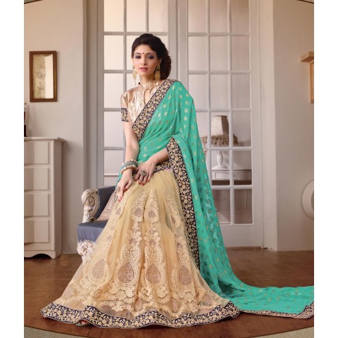 Green and Cream Net Designer Saree With Blouse