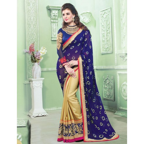 Blue and Beige Georgette Saree With Blouse