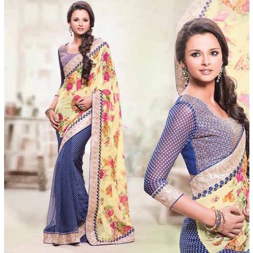 Yellow and Blue Georgette Party Wear Saree