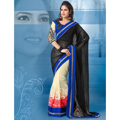 Black and Cream Georgette Party Wear Saree 
