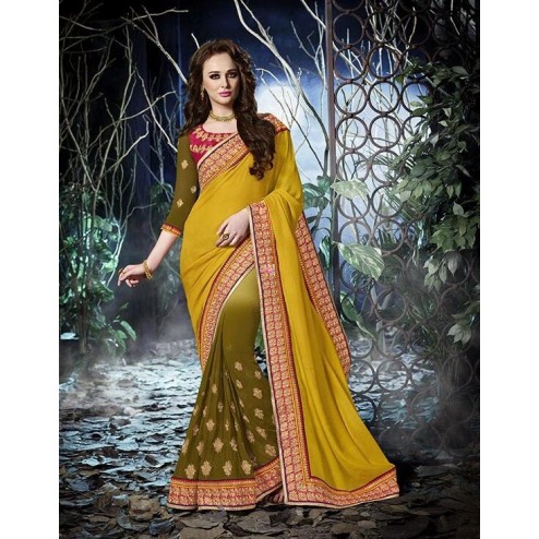 Green and Yellow Georgette Party Wear Saree