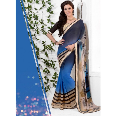 Blue and Grey Georgette Wedding Saree With Blouse