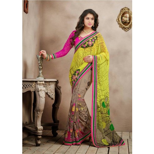 Yellow and Brown Georgette Wedding Saree