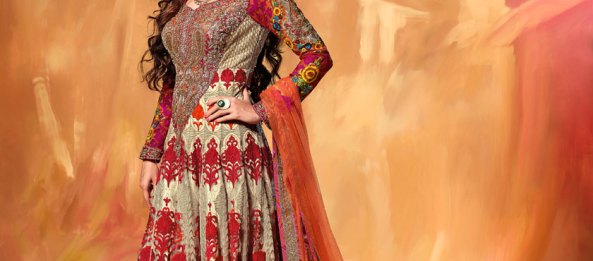 Dia Mirza Cream and Orange Net Anarkali Suits