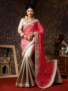 Pink and White Net Designer Saree With Blouse