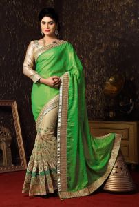 Green and Beige Crepe and Net Saree With Blouse