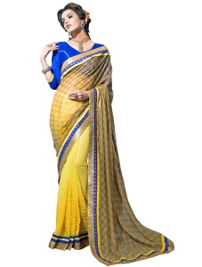 Yellow and Green Brasso Designer Saree With Blouse