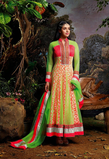 Asin Green and Pink Net Anarkali Suits With Dupatta